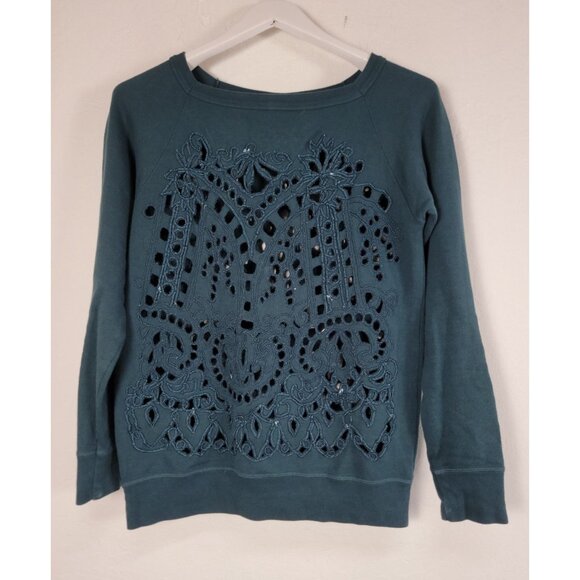 Dries Van Noten Teal Cotton Embroidered Cutout Lace Sweatshirt Womens Small - Picture 1 of 9